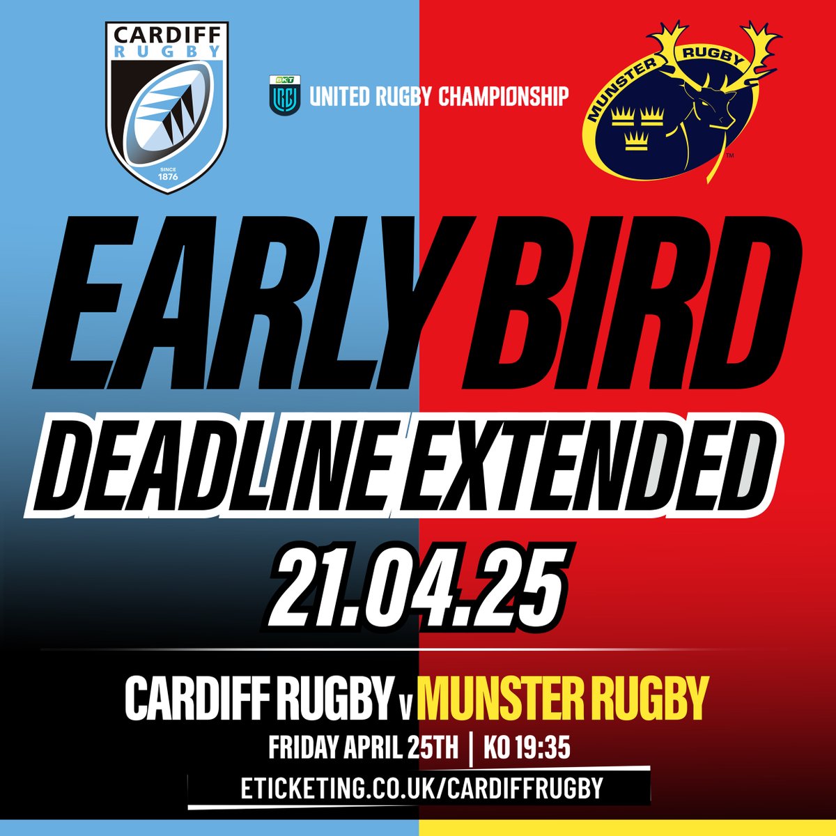 Confirmed. The Early Bird window has been extended until Monday afternoon. 

Secure your seats 🆚 <a href="/Munsterrugby/">Munster Rugby</a> at the best price. 💷

🎟️ eticketing.co.uk/cardiffrugby/

#YmlaenCaerdydd