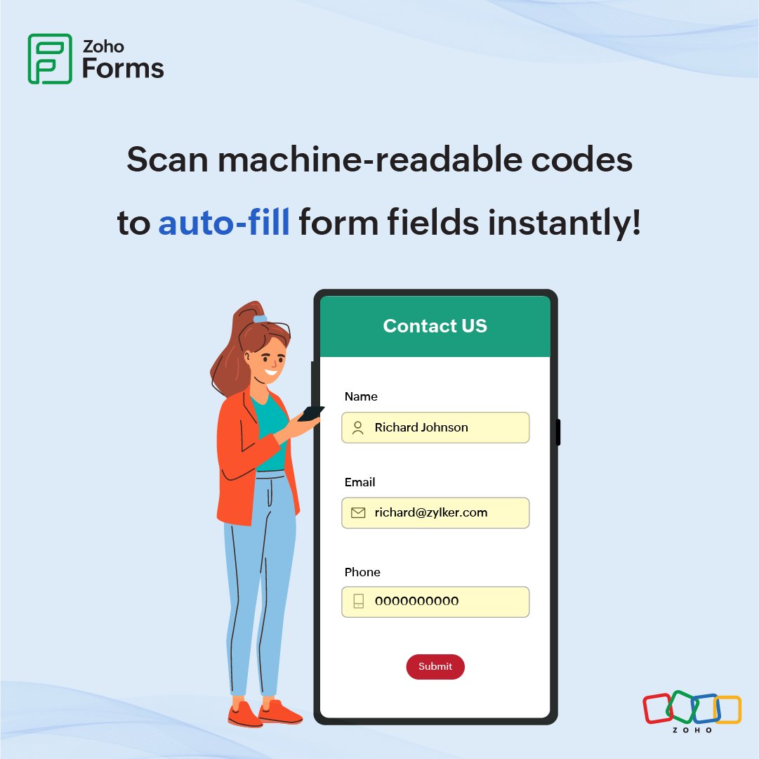 ZohoForms's tweet image. Tired of entering in form data manually?

You can now autofill form fields by scanning QR codes or barcodes, making data collection faster and error-free with Zoho Forms. 

#autofill #qrscanning #formfilling