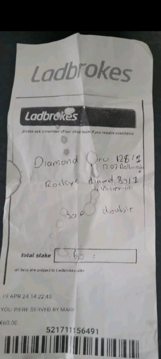 JoeSeward1's tweet image. A year ago Stable Lad Dylan Phelan placed a €30 EW Double in a Ladbrokes shop
▪️Diamond Nora 125/1 won Ballinrobe 
▪️Rocky&apos;s Diamond 80/1 won Limerick 
He&apos;s owed well over €300,000  but has yet to be paid . Read the full story here 
facebook.com/share/p/1BEFAy…
#JusticeForDylan