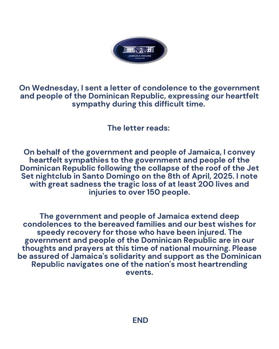 #PressRelease: PM Holness assures Dominican Republic of Jamaica’s support following nightclub tragedy which claimed over 200 lives.