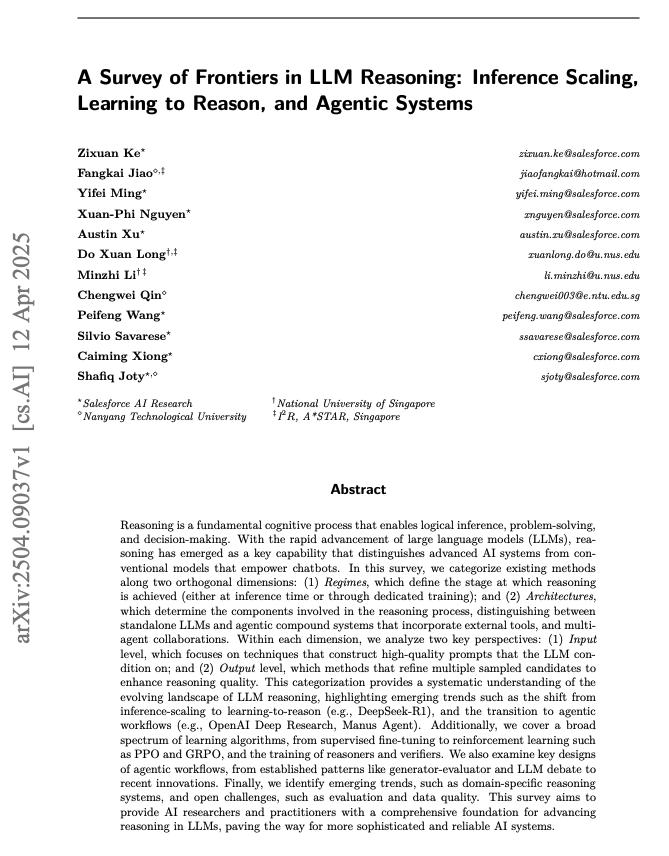 // A Survey of Frontiers in LLM Reasoning //

Nice survey on reasoning LLM with focus on inference scaling, enhancing reasoning, and applications in agentic systems.