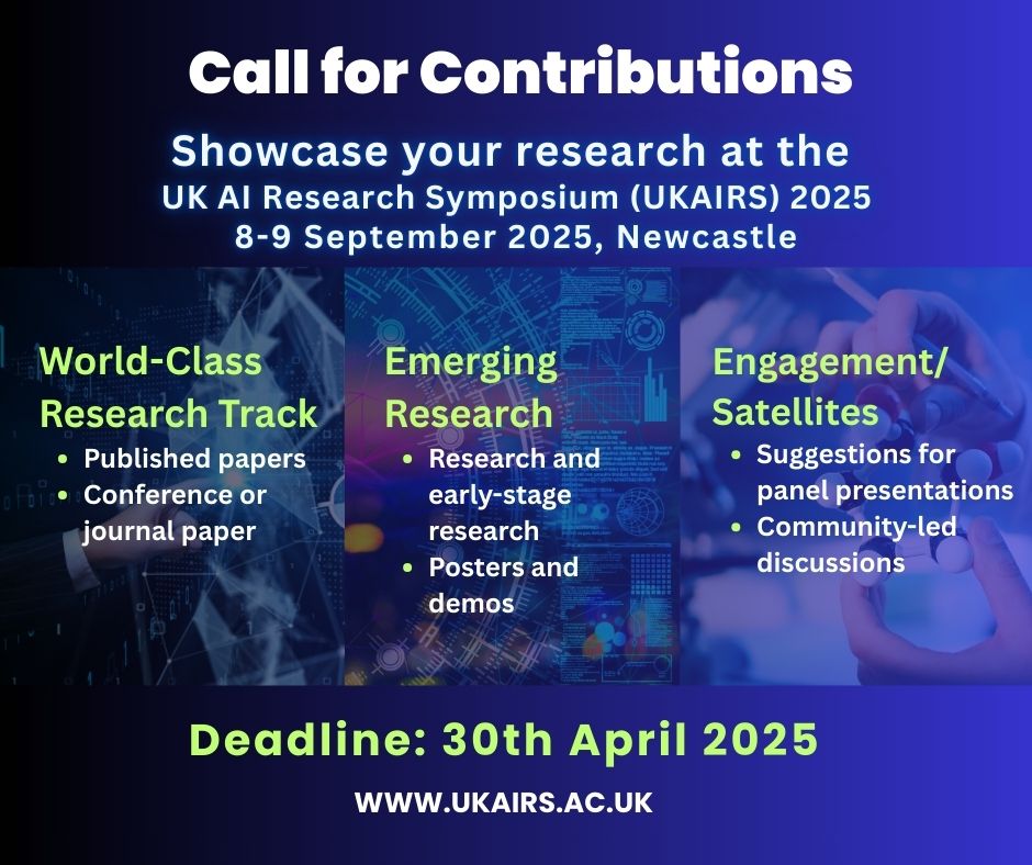 Responsible Ai UK (@responsibleaiuk) on Twitter photo 📢CALL FOR CONTRIBUTIONS - UKAIRS 2025! If you’re a #researcher #student or #practitioner supported by any <a href="/UKRI_News/">UK Research and Innovation</a> AI investment, ALL #Hubs, #CDTs, pump-priming or impact accelerator awards, this is your opportunity!
📅Deadline: 30 April 2025
🌐Submit: ukairs.ac.uk/call/ 📢CALL FOR CONTRIBUTIONS - UKAIRS 2025! If you’re a #researcher #student or #practitioner supported by any <a href="/UKRI_News/">UK Research and Innovation</a> AI investment, ALL #Hubs, #CDTs, pump-priming or impact accelerator awards, this is your opportunity!
📅Deadline: 30 April 2025
🌐Submit: ukairs.ac.uk/call/