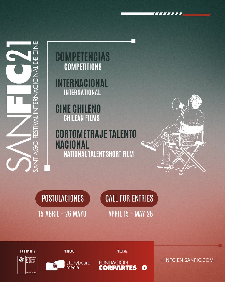 🎬 ¡Convocatoria abierta para #SANFIC21!
Del 15 de abril al 26 de mayo se reciben postulaciones para la edición número 21 del Santiago Festival Internacional de Cine, que se celebrará entre el 17 y 24 de agosto de 2025.

📄 Bases disponibles en sanfic.com