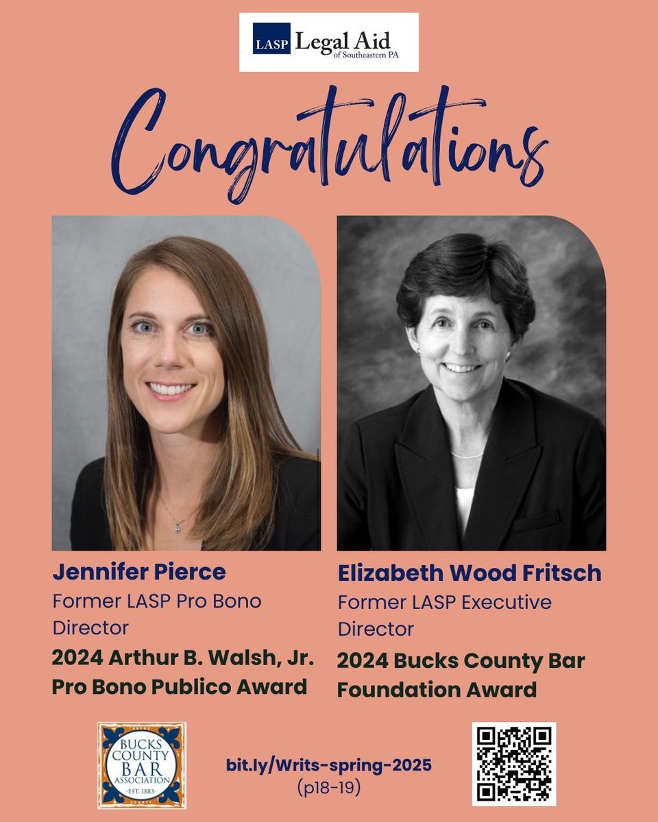 Legal Aid of Southeastern PA (@legalaidsepa) on Twitter photo The <a href="/buckscountybar/">Bucks County Bar Association & Foundation</a> 2024 awards included 2 LASP alumnae!
Jennifer Pierce, former LASP Pro Bono Director, was named Arthur B. Walsh, Jr. #ProBono Publico Award recipient.
Elizabeth Wood Fritsch, former LASP Executive Director, received the BCBF Award.
bit.ly/Writs-spring-2… The <a href="/buckscountybar/">Bucks County Bar Association & Foundation</a> 2024 awards included 2 LASP alumnae!
Jennifer Pierce, former LASP Pro Bono Director, was named Arthur B. Walsh, Jr. #ProBono Publico Award recipient.
Elizabeth Wood Fritsch, former LASP Executive Director, received the BCBF Award.
bit.ly/Writs-spring-2…