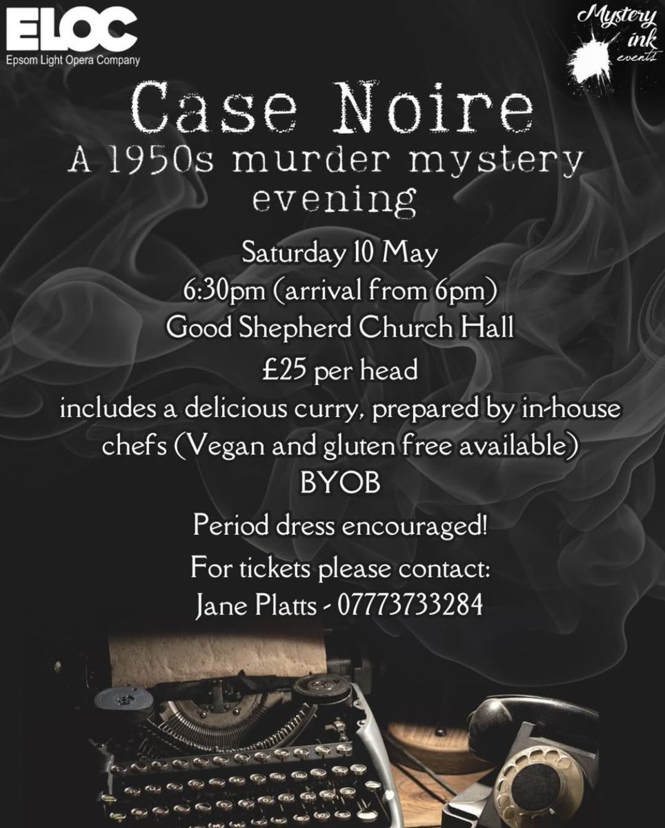 EpsomLightOpera's tweet image. And just like that we say goodbye to Crazy for You 💫

Our next social is Case Noire – A 1950s Murder Mystery Evening 🔍! Taking place on Saturday 10th May 6:30pm

School of Rock 🎸 launch on Wednesday 23rd April at The Vale School- 7pm for the Children’s and 8pm for the Adults’