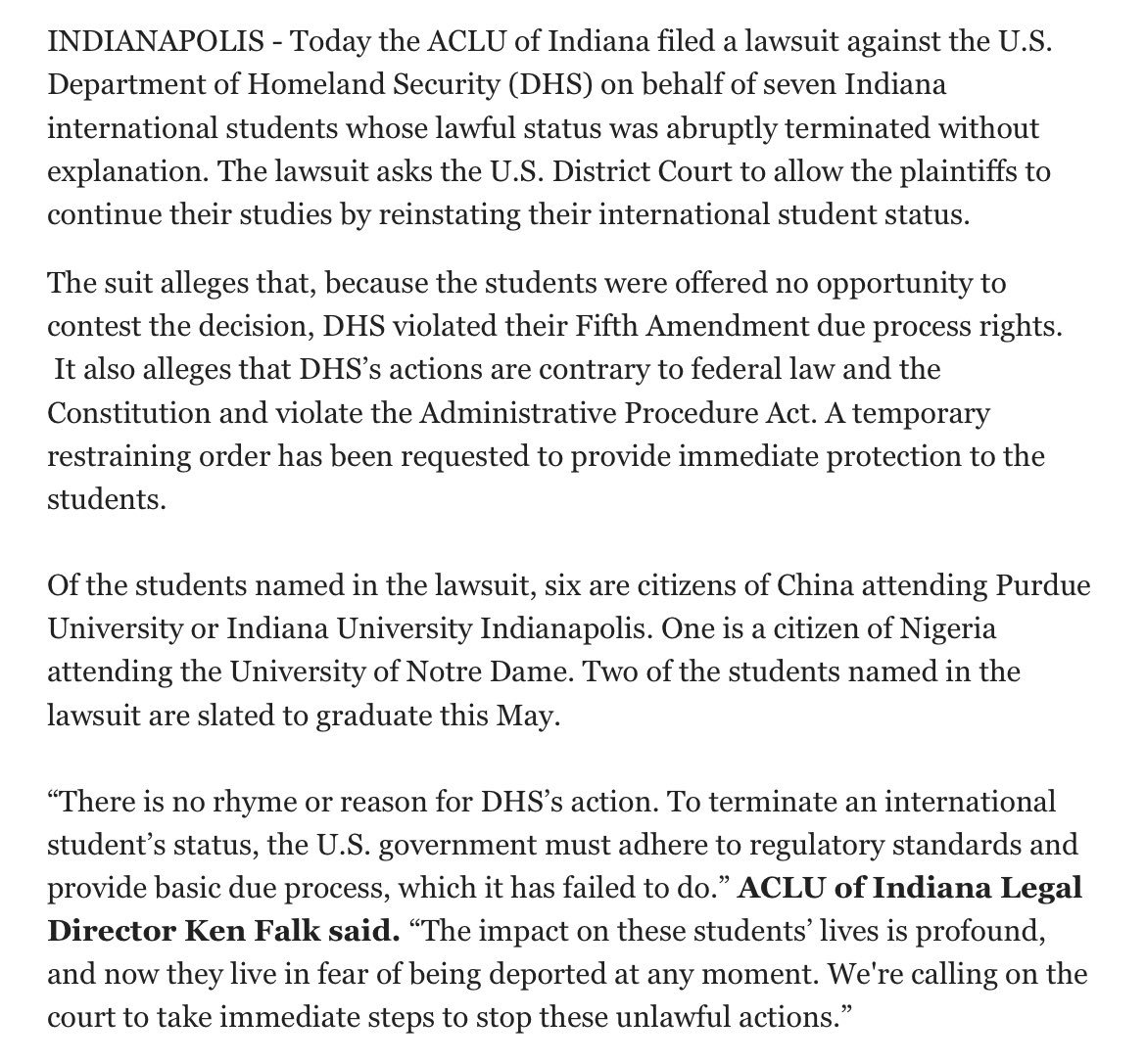 The Indiana ACLU is suing the Dept. of Honeland Security on behalf of seven international students who have had their visas revoked.  <a href="/WFIUWTIUNews/">WFIU/WTIU News</a> 

aclu-in.org/sites/default/…