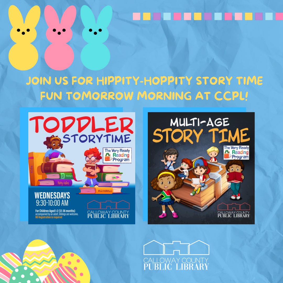Hop on over to the Calloway County Public Library tomorrow morning for "Egg-Stra Special" Toddler &amp; Multi-Age Family Story Times!

**Psst! If you wish, you may bring your Easter Basket for an Easter Fun Surprise during the Multi-Age Story Time.

#callowaycountylibrary