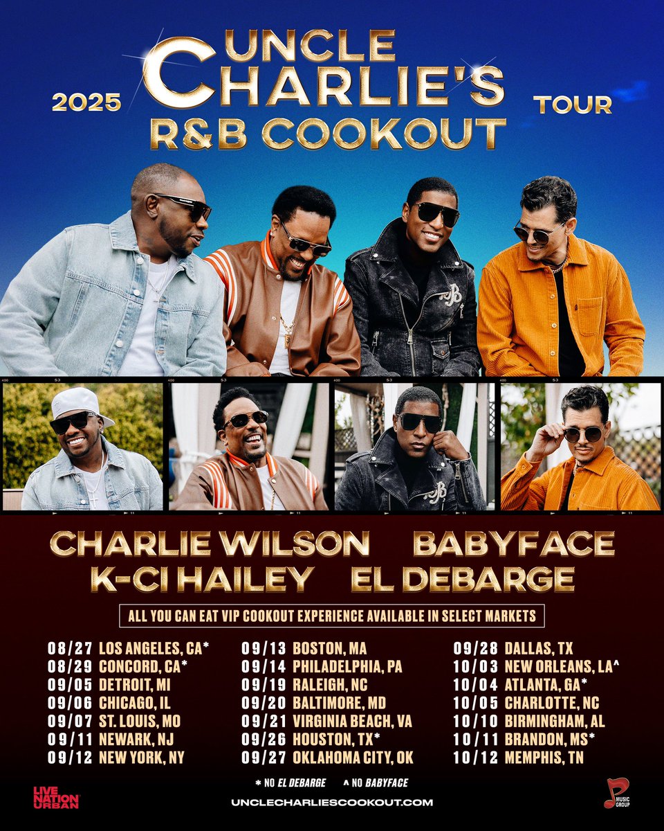P Music Group (@pmusicgroup) on Twitter photo We're excited to announce P Music Group clients <a href="/CharlieWilson/">Charlie Wilson</a>, <a href="/babyface/">Babyface</a>, & <a href="/KCiHailey/">K-Ci Hailey</a> are headed on the road to Uncle Charlie’s R&B Cookout Tour along with legendary artist El DeBarge! 🔥 Exclusive pre-sale begins today, April 15th at 12pm local time.
General on sale starts We're excited to announce P Music Group clients <a href="/CharlieWilson/">Charlie Wilson</a>, <a href="/babyface/">Babyface</a>, & <a href="/KCiHailey/">K-Ci Hailey</a> are headed on the road to Uncle Charlie’s R&B Cookout Tour along with legendary artist El DeBarge! 🔥 Exclusive pre-sale begins today, April 15th at 12pm local time.
General on sale starts