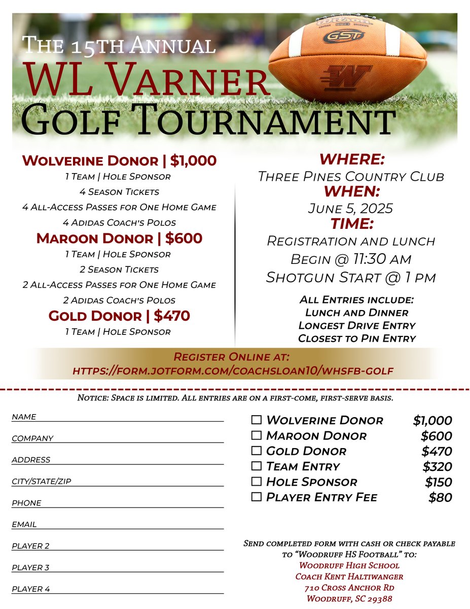 Brett Sloan (@coachsloan10) on Twitter photo Less than two months until the 2025 WL Varner Golf tournament...space is limited. <a href="/WoodruffFB/">Woodruff Wolverines Football</a> fans sign up using the following link: form.jotform.com/coachsloan10/wโฆ Less than two months until the 2025 WL Varner Golf tournament...space is limited. <a href="/WoodruffFB/">Woodruff Wolverines Football</a> fans sign up using the following link: form.jotform.com/coachsloan10/wโฆ