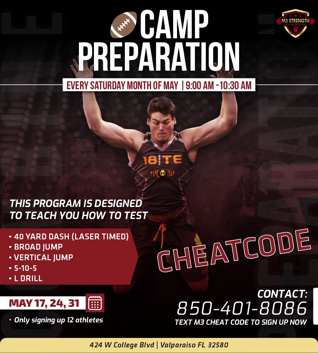 🙏🏽Please Share

Sign-up Now

12 Spots Available

Over the course of 3 Saturdays in May, we’ll be teaching you how to properly test your 40-yard dash, broad jump, vertical jump, 5-10-5, and L-drill. These are essential metrics that college scouts and coaches use to evaluate.