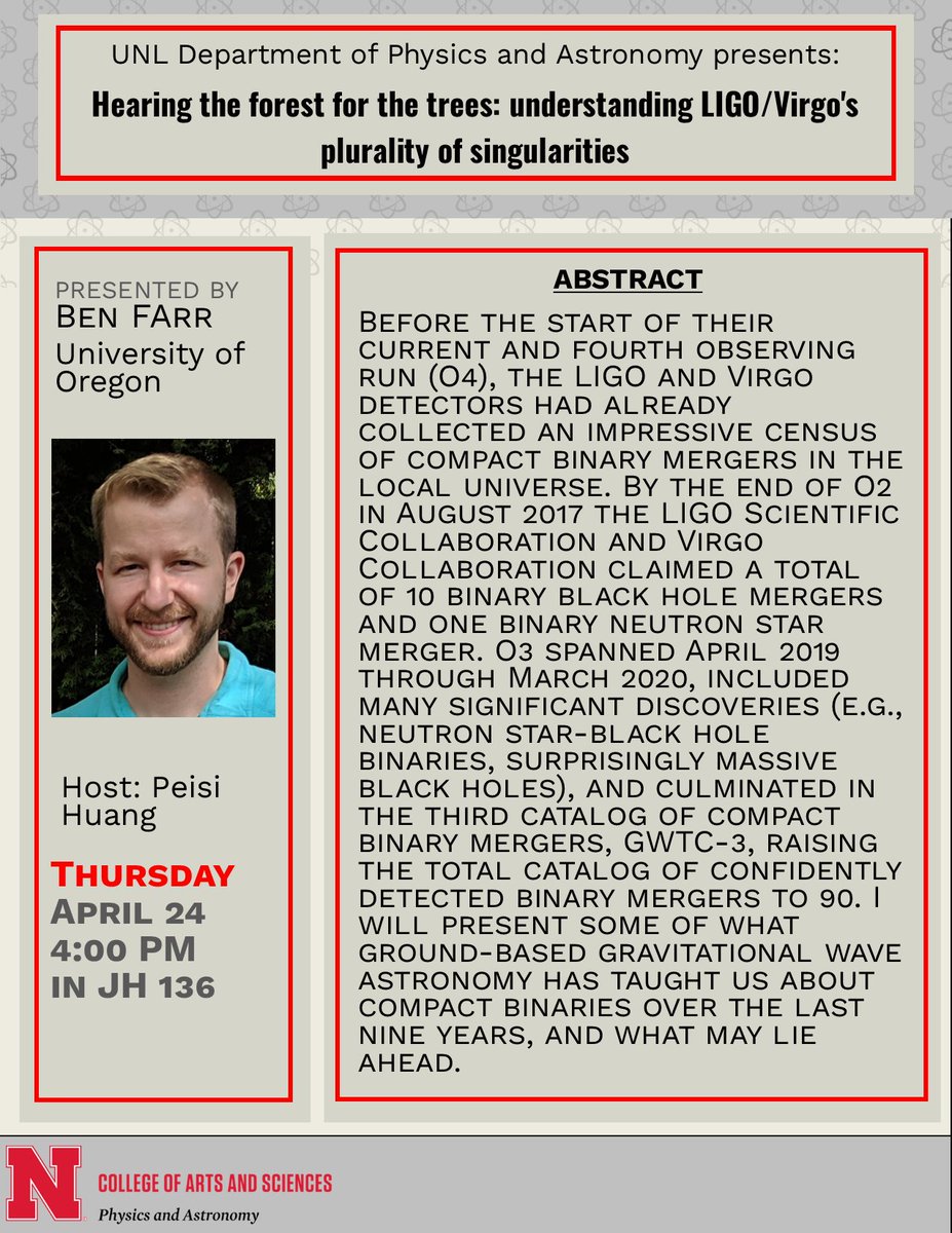 Dr. Ben Farr will present his topic for the April 24th colloquium at 4:00pm. Coffee and cookies will be provided beforehand at 3:30pm.