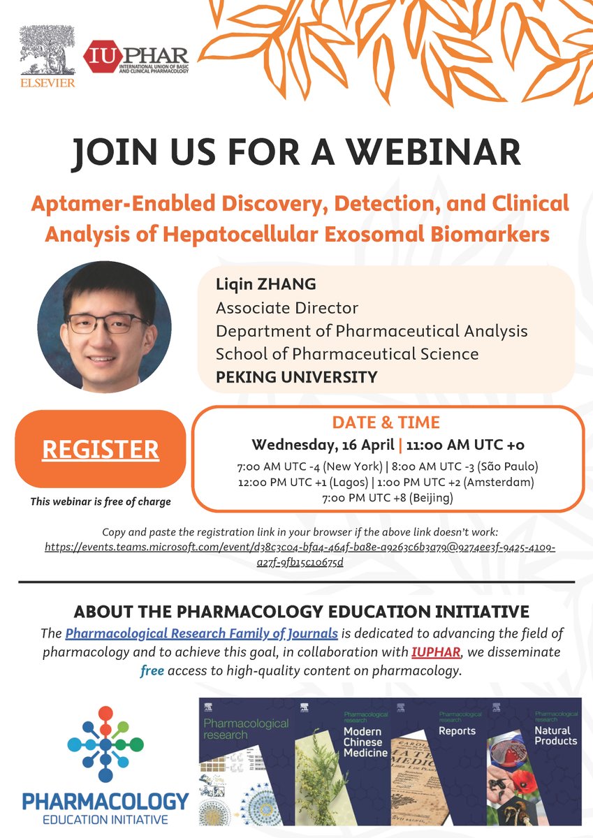 TOMORROW will be the third webinar of an exciting series promoted by the Pharmacology Education Initiative, a collaborative program from the Pharmacological Research Family of Journals, Elsevier, and IUPHAR. Registration: events.teams.microsoft.com/event/d38c3c04…