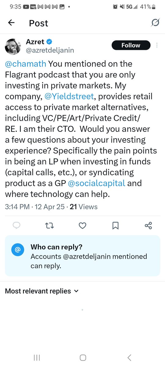 The CTO of #Yieldstreet is asking for the pain points in being a limited partner, Sure! How about: 

- Zero distributions. Total defaults. Inflated IRRs. Six-figure losses.

- Ask Yieldstreet’s own LPs — they’ve lived it.

Just don’t reply to his tweet. You can’t. Wonder why??