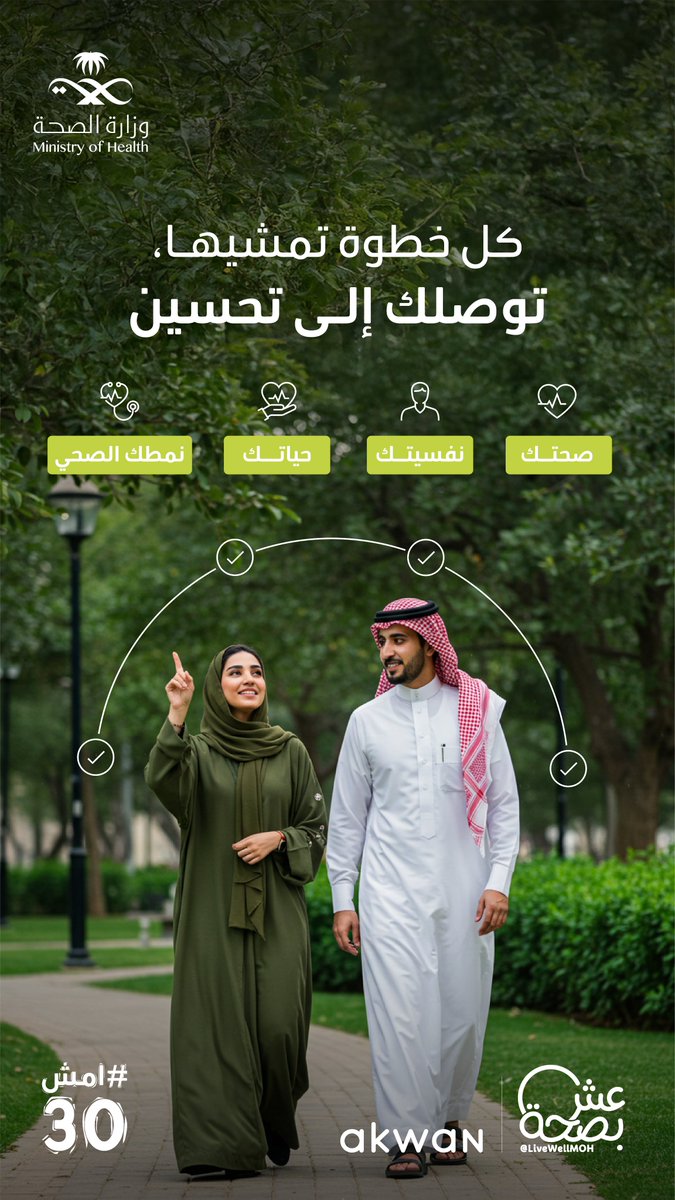 خطواتك .. توصلك لأهدافك ✨
امشِ معنا في فعالية #امش30.

walking30.moh.gov.sa/pages/pathsOf3…