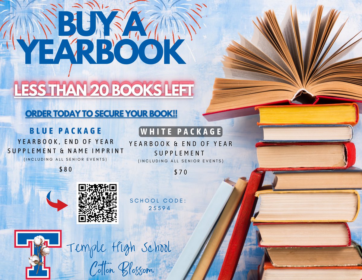 LESS THAN 20 COPIES LEFT!!!!
The deadline to purchase a yearbook for the 2024-2025 school year is APRIL 19, 2025!!! There will be NO extras so buy one today to have the memories forever!!!
Scan the QR Code or follow the link.
prod.yboc.varsity.com/jobSearch/disp…