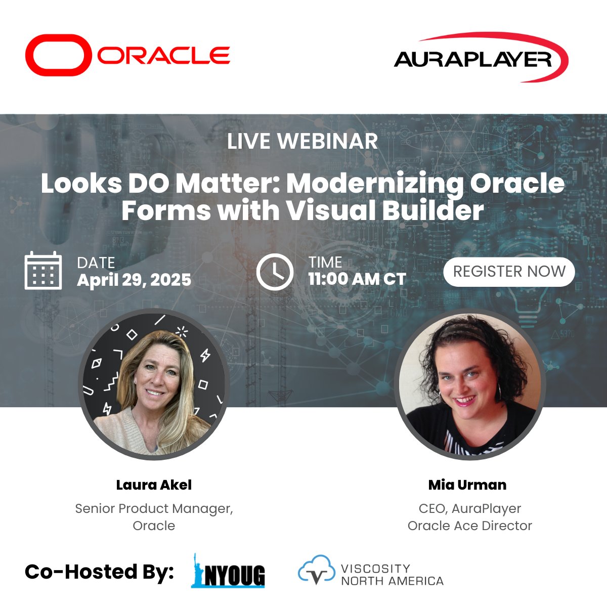 AuraPlayer's tweet image. Now with Forms 14, unlock Visual Builder for Oracle Forms! Join @miaurman & Laura Akel on refacing Oracle Forms apps. Learn responsive design and backend preservation & see demos. Co-hosted by @nyoug_nyc & @ViscosityNA.
Register: viscosityna.com/looks-do-matte…
#OracleVBCS #OracleForms