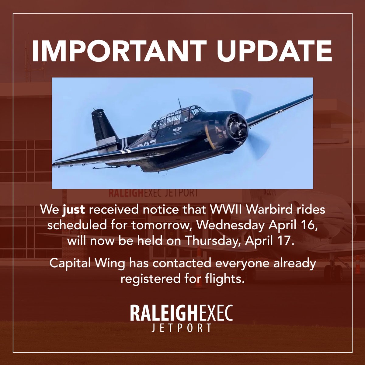 IMPORTANT UPDATE ... We just received notice that WWII Warbird rides scheduled for tomorrow, Wednesday April 16, will now be held on Thursday, April 17.

Commemorative Air Force Capital Wing, the organization offering rides, has contacted everyone already registered for flights.