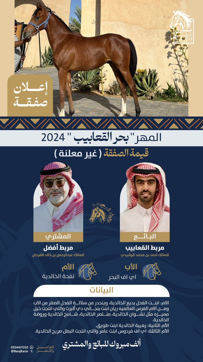 إعلان صفقة
انتقال المهر “بحر القعابيب”
الأب: إي إف البحر | الأم: نفحة الخالدية
من مربط القعابيب – المالك أحمد الرشيدي
إلى مربط أفضل – المالك عبدالرحمن الفرحان
ألف مبروك للبائع والمشتري
#برق_للفروسية