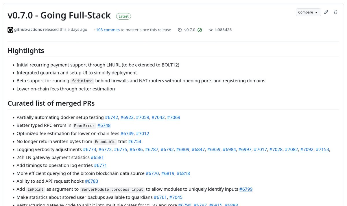 Fedimint v0.7 "Going Full-Stack" is here 🚀

The highlights:
* New integrated guardian UI to simplify deployments🖥️
* Recurring payment support with LNURL (BOLT12 planned)🔄💸
* Beta <a href="/iroh_n0/">iroh</a> networking support for running Fedimint at home behind a router 🛜🏠

And much more …✨