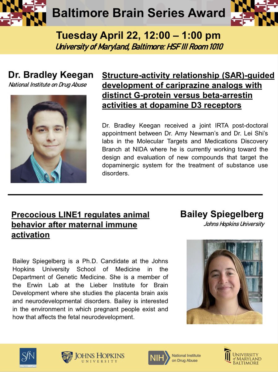 BaltimoreBrainSeries (@bmorebrainy) on Twitter photo Join us next Tuesday from 12:00-1:00 at UMB for another Baltimore Brain Series seminar! Awardees Dr. Bradley Keegan from NIDA and Bailey Spiegelberg from UMB will present their exciting work. Zoom link provided upon request! <a href="/UMMedNeuro/">Univ of Maryland School of Medicine Neuroscience</a> Join us next Tuesday from 12:00-1:00 at UMB for another Baltimore Brain Series seminar! Awardees Dr. Bradley Keegan from NIDA and Bailey Spiegelberg from UMB will present their exciting work. Zoom link provided upon request! <a href="/UMMedNeuro/">Univ of Maryland School of Medicine Neuroscience</a>