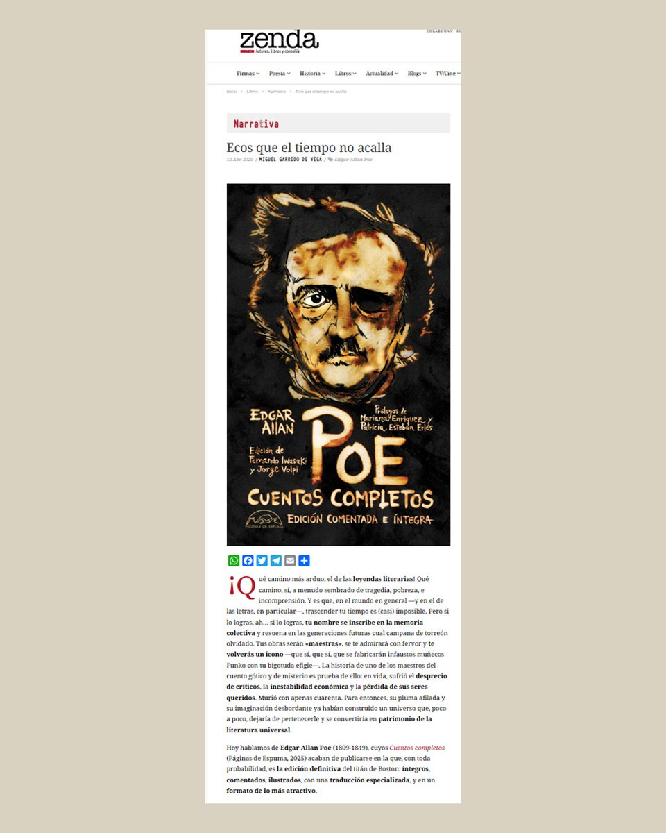 «Con toda probabilidad, la edición definitiva del titán de Boston». <a href="/zendalibros/">Zenda</a> reseña los Cuentos completos de Edgar Allan Poe. Lo podéis leer aquí: