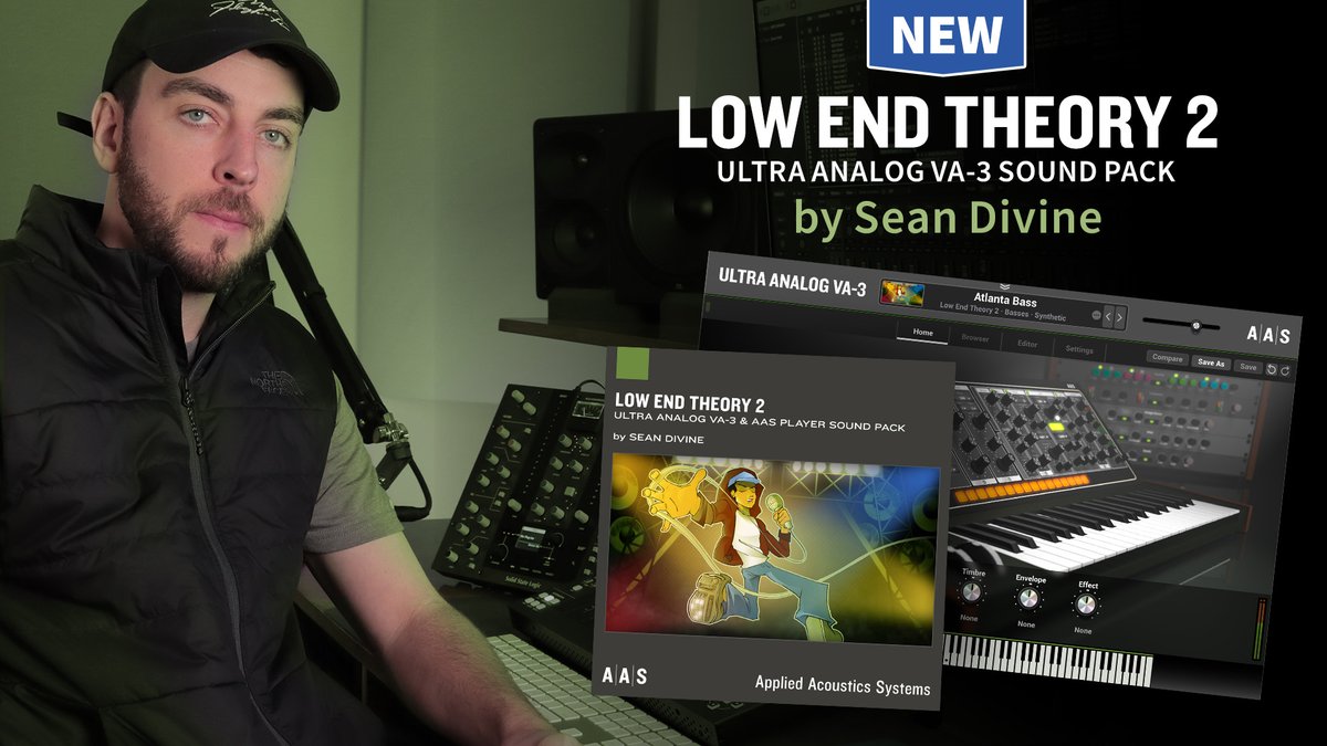 New Sound Pack: Low End Theory 2 for Ultra Analog VA-3 by Sean Divine. 100 impactful, production-ready sounds for your Hip Hop mix. 50% Off!  applied-acoustics.com/promo/