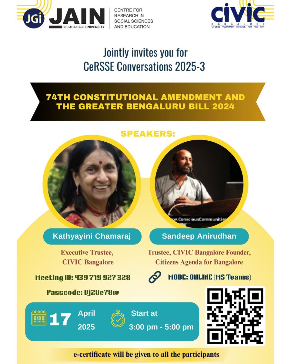 <a href="/kchamaraj1/">Kathyayini Chamaraj</a> and <a href="/SandeepAnirudha/">Sandeep Anirudhan</a>  are speaking at an online session titled 74th Constitutional Amendment and the Greater Bengaluru Bill 2024 in collaboration with <a href="/JAINUNIVERSITY/">JAIN UNIVERSITY</a> on 17th April. 
teams.microsoft.com/l/meetup-join/…

#bengaluru #GBB #indianconstitution