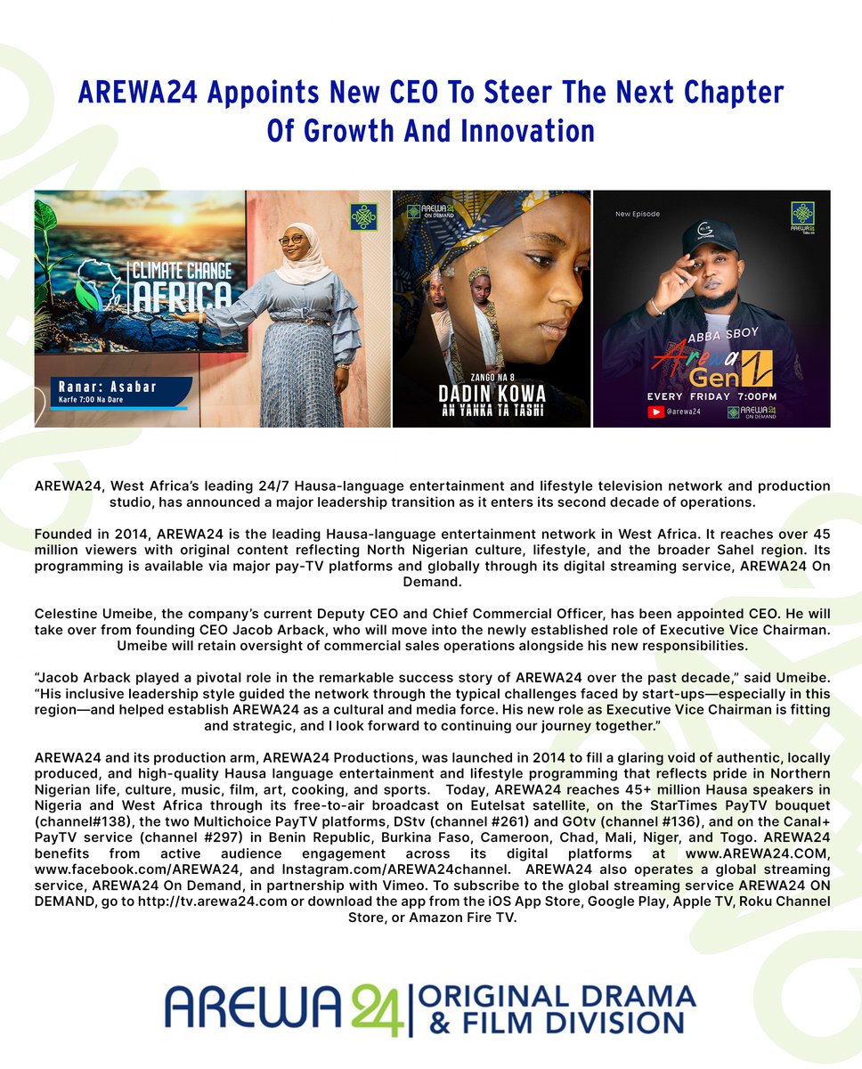 AREWA24Channel's tweet image. We are proud to announce our new CEO, Celestine Umeibe, as he steps into the role to lead AREWA24 into its next phase of growth and innovation.

Read more: broadcastmediaafrica.com/2025/04/15/are…

#AREWA24 #LeadershipUpdate #NextChapter #HausaMedia #MediaInnovation