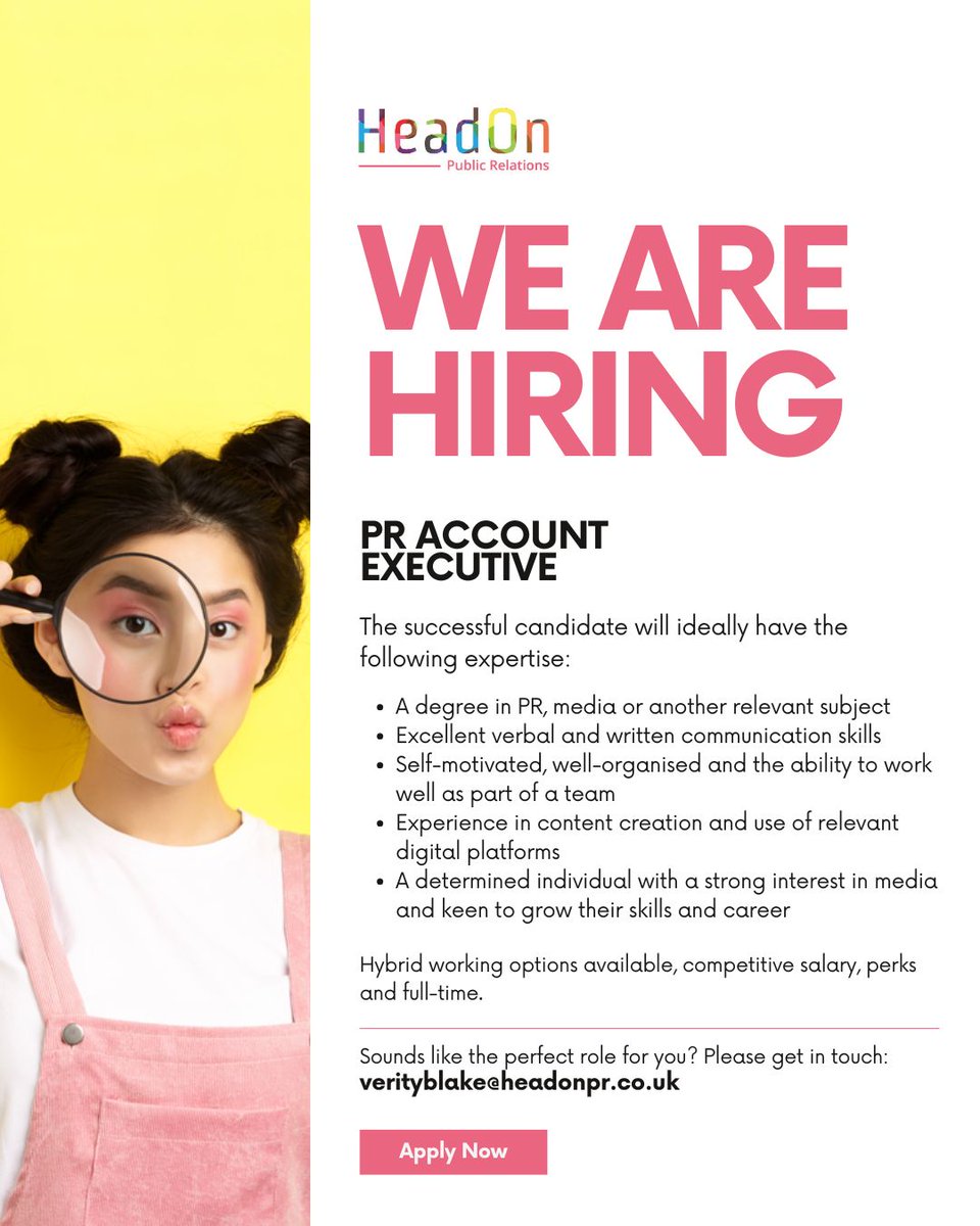 We’re hiring!👩‍💼 Are you creative, a keen writer and passionate about working with the media? If you are, this is the perfect opportunity to join a dynamic Cheltenham-based PR agency.

If this sounds like the role for you, please get in touch at verityblake@headonpr.co.uk

#PRjobs