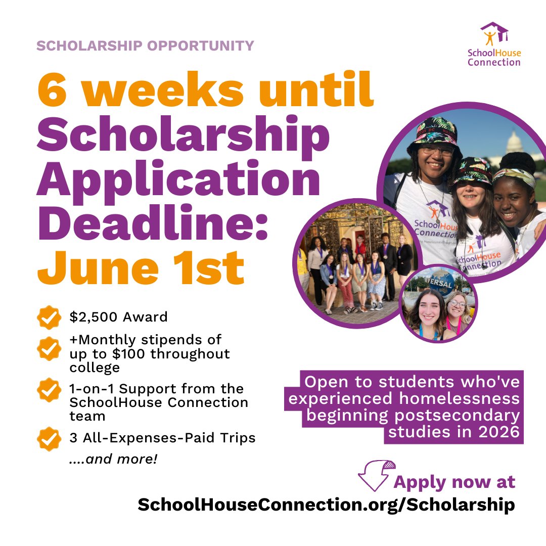 ⏰ Our June 1st scholarship deadline is only 6 weeks away! Visit schoolhouseconnection.org/scholarship for more info. 🎓 The scholarship includes: a $2,500 Award, 1-on-1 Support from the SchoolHouse Connection team, 3 All-Expenses-Paid Trips, and more!