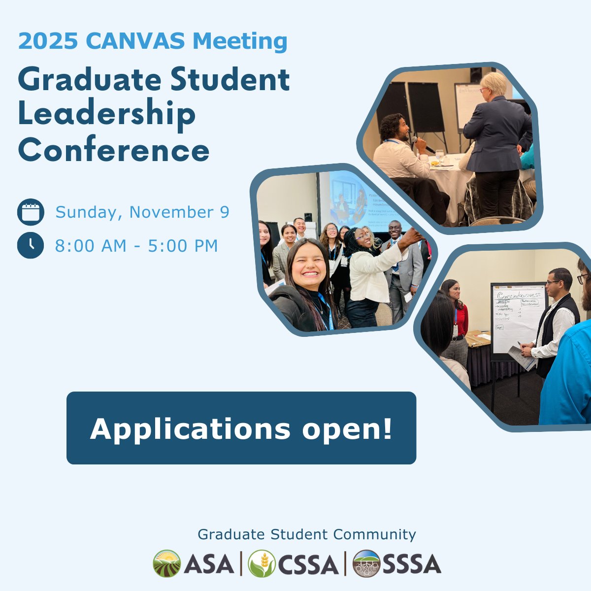 ACSGradStudents's tweet image. Want to grow your leadership skills and expand your network? Join us at CANVAS in Salt Lake City this November for the new Graduate Student Leadership Conference!
Apply now: sciencesocieties.secure-platform.com/awards
#soilscience #agronomy #cropscience #GradLife #Leadership
