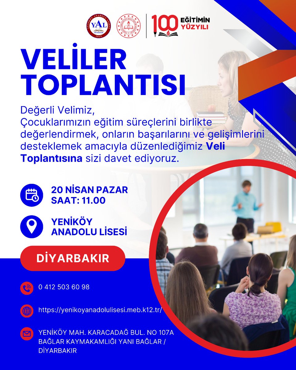 Yeniköy Anadolu Lisesi (@lisesiyenikoy) on Twitter photo Değerli Velilerimiz,
Çocuklarımızın eğitim süreçlerini birlikte değerlendirmek, onların başarılarını ve gelişimlerini desteklemek amacıyla düzenlediğimiz veli toplantısına davetlisiniz. <a href="/Murat4Kucukali/">Murat Küçükali</a> <a href="/12_samiaydin/">Sami Aydın</a> <a href="/Diyarbakirmem/">Diyarbakır İl Millî Eğitim Müdürlüğü</a> <a href="/BaglarMEM21/">Bağlar İlçe Milli Eğitim Müdürlüğü</a> Değerli Velilerimiz,
Çocuklarımızın eğitim süreçlerini birlikte değerlendirmek, onların başarılarını ve gelişimlerini desteklemek amacıyla düzenlediğimiz veli toplantısına davetlisiniz. <a href="/Murat4Kucukali/">Murat Küçükali</a> <a href="/12_samiaydin/">Sami Aydın</a> <a href="/Diyarbakirmem/">Diyarbakır İl Millî Eğitim Müdürlüğü</a> <a href="/BaglarMEM21/">Bağlar İlçe Milli Eğitim Müdürlüğü</a>
