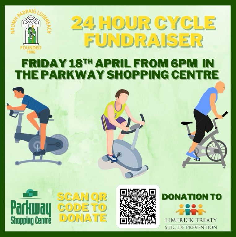 StPatsGAALimk's tweet photo. We  will hold a 24hr cycle  fundraiser in conjunction  with  Limerick Treaty Suicide  Prevention at the  Parkway  Shopping Centre on Good Friday  &amp; Easter Saturday.  6pm to 6pm inclusive.

The Go Fund Me page is now OPEN🔽 please donate in anyway possible

https://t.co/7q3dd3mGsD https://t.co/dWxM24xsmZ
