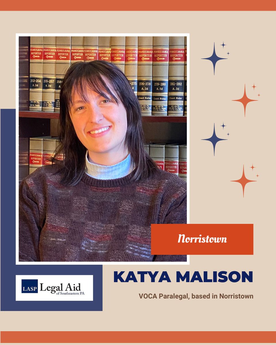 Legal Aid of Southeastern PA (@legalaidsepa) on Twitter photo 🔸Welcome, Katya! 🔸
Katya Malison joined LASP March 17, 2025 as VOCA Paralegal in Norristown, assisting survivors of domestic violence.
She earned a B.S., cum laude, in computer science with a minor in linguistics from <a href="/TuftsUniversity/">Tufts University</a> in 2018. 🔸Welcome, Katya! 🔸
Katya Malison joined LASP March 17, 2025 as VOCA Paralegal in Norristown, assisting survivors of domestic violence.
She earned a B.S., cum laude, in computer science with a minor in linguistics from <a href="/TuftsUniversity/">Tufts University</a> in 2018.