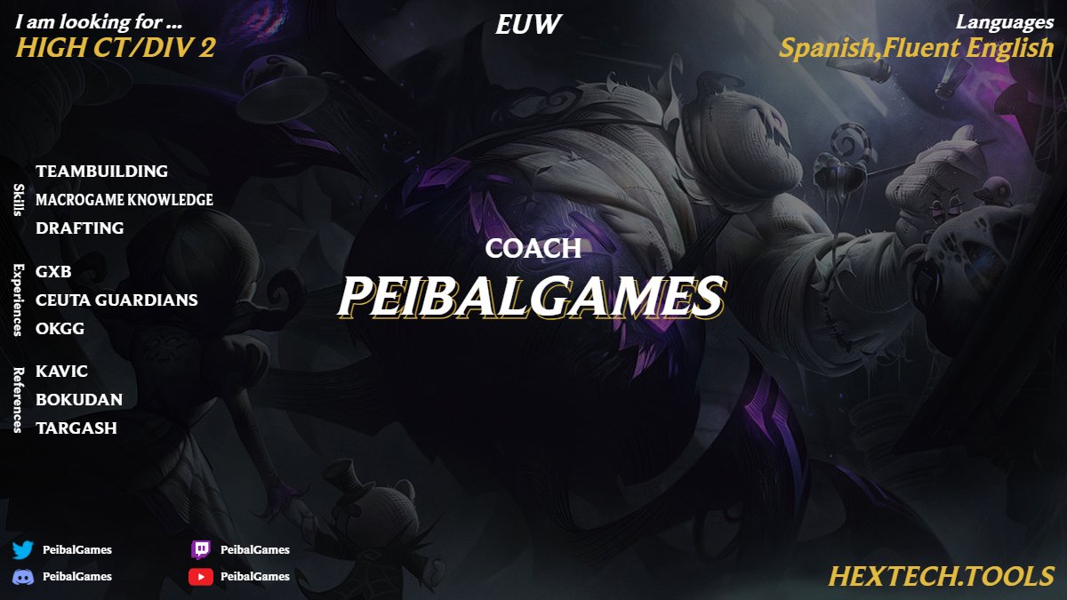 Hola! Estoy LFT de cara al siguiente Split como Head Coach/Assistant, estoy sobre todo interesado en proyectos de high ct/nexo o cualquier ERL, cualquier información a mayores a través de MD o de discord, ya que Twitter va un poco raro a veces.

Se agradecen RT´s.