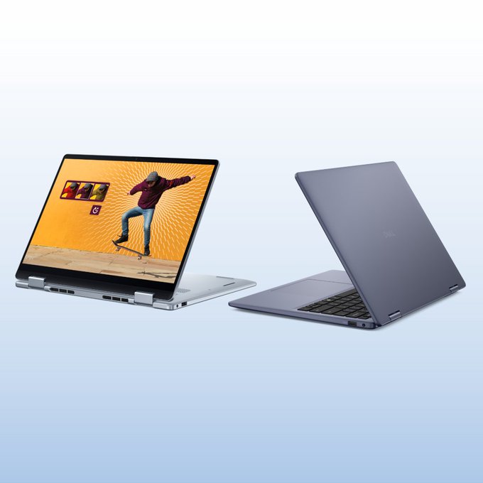 Two Dell 14 Plus 2-in-1 laptops are displayed side by side—one in tablet mode showcasing the display, and the other in traditional laptop mode.