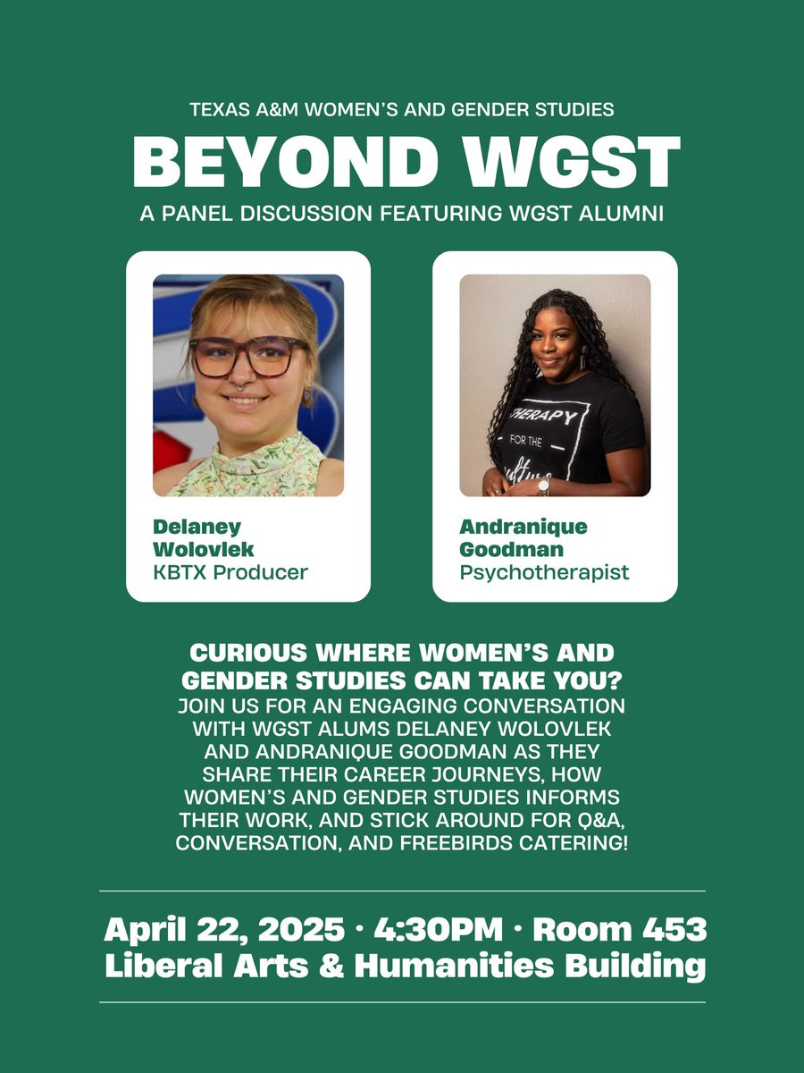 Mark your calendars for Tuesday, April 22nd!

Join us for a WGST Alumni Panel featuring Delaney Wolovlek and Andranique Goodman as they share their experiences and discuss the opportunities that come with a WGST background. Freebirds will be provided, can’t wait to see you there!