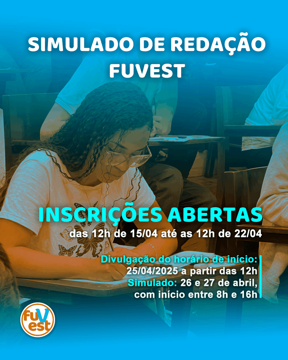 fuvest's tweet photo. 🖋 Tão aguardado e confirmadíssimo: estão abertas as inscrições para o Simulado de Redação da FUVEST!
 
📆 Inscrições: das 12h de 15/04 até as 12h de 22/04, pelo site https://t.co/QoWyvo007i [Link na bio] (cont.) https://t.co/PIYqfuJ9zB