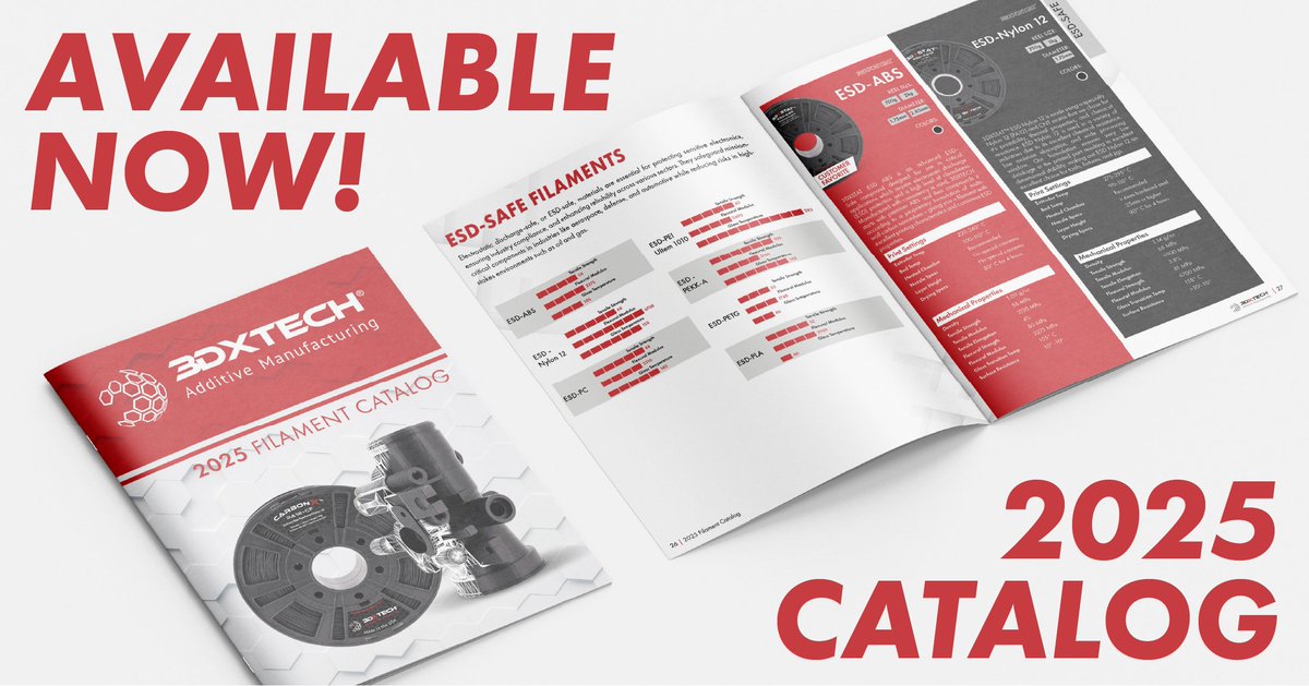 3dxtech's tweet photo. The new 3DXTECH product catalog is here, featuring our full lineup of high-performance 3D printing materials. From carbon fiber composites to ESD-safe and high-temp filaments, find the right solution for your next project! View the catalog: https://t.co/FK8ZrEJAFG
#3DXTECH #productcatalog #3dfilament #esd #carbonfiber #glassfiber #3dprinting #additivemanufacturing