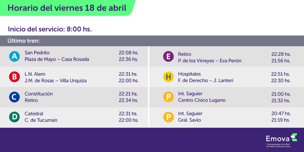 🚨 ¡Atención usuarios!

👉 Compartimos el cronograma de cada una de las líneas del #Subte y #Premetro para el viernes 18 de abril.