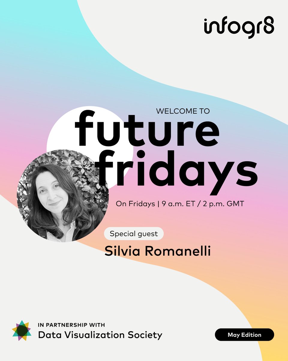 Data Visualization Society (@datavizsociety) on Twitter photo We’re partnering with <a href="/infogr8/">infogr8</a> for #FutureFridays to develop #dataviz solutions to social challenges. In May, we will visualize abstract data with Silvia Romanelli. Register by April 28 to participate. Full details on how to join here: buff.ly/sTxiiu3 We’re partnering with <a href="/infogr8/">infogr8</a> for #FutureFridays to develop #dataviz solutions to social challenges. In May, we will visualize abstract data with Silvia Romanelli. Register by April 28 to participate. Full details on how to join here: buff.ly/sTxiiu3