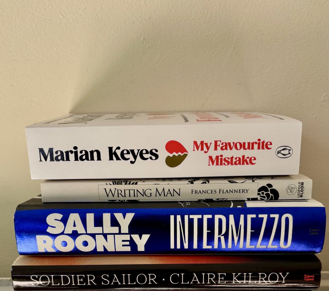Read Irish Women Challenge 2025: 
Day 15: A picture of your TBR pile 
Solider Sailer by Claire Kilroy
Intermezzo by Sally Rooney
Writing Man by Frances Flannery
My Favourite Mistake by Marian Keyes

#readirishwomen #books #irish #womenwriters #authors #readmorebooks