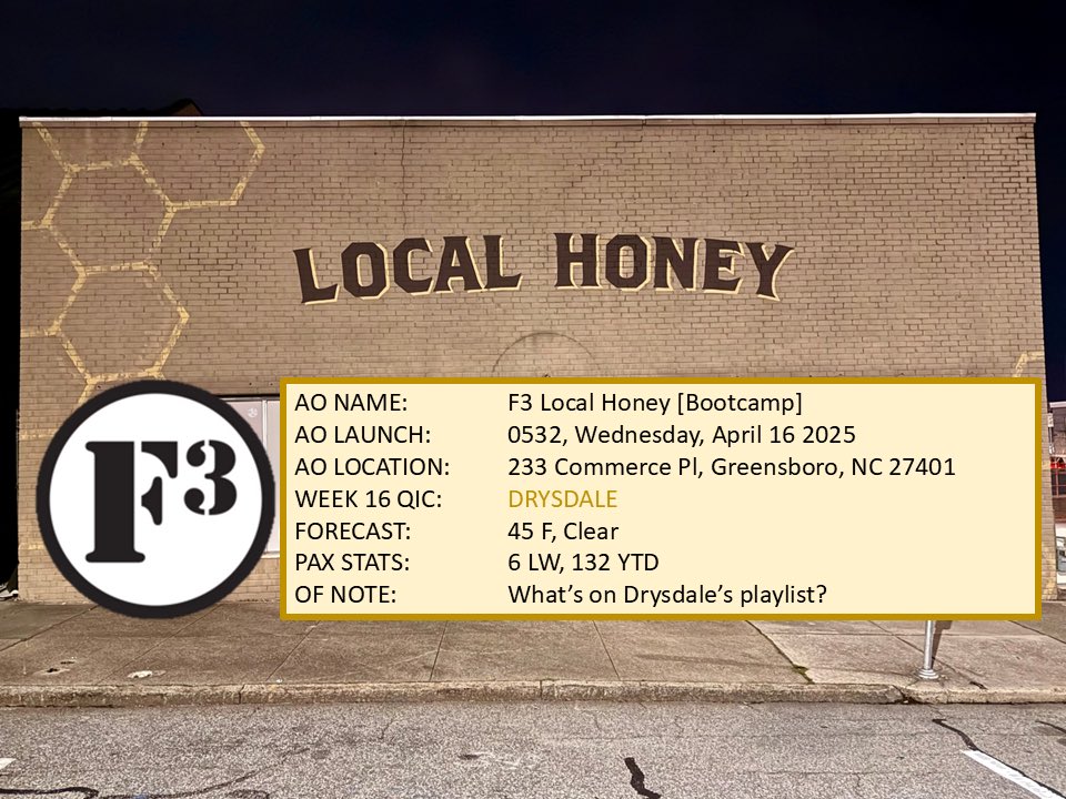 Come for the bootcamp, stay for Drysdale’s playlist! SYITG <a href="/F3Greensboro/">F3 Greensboro</a>