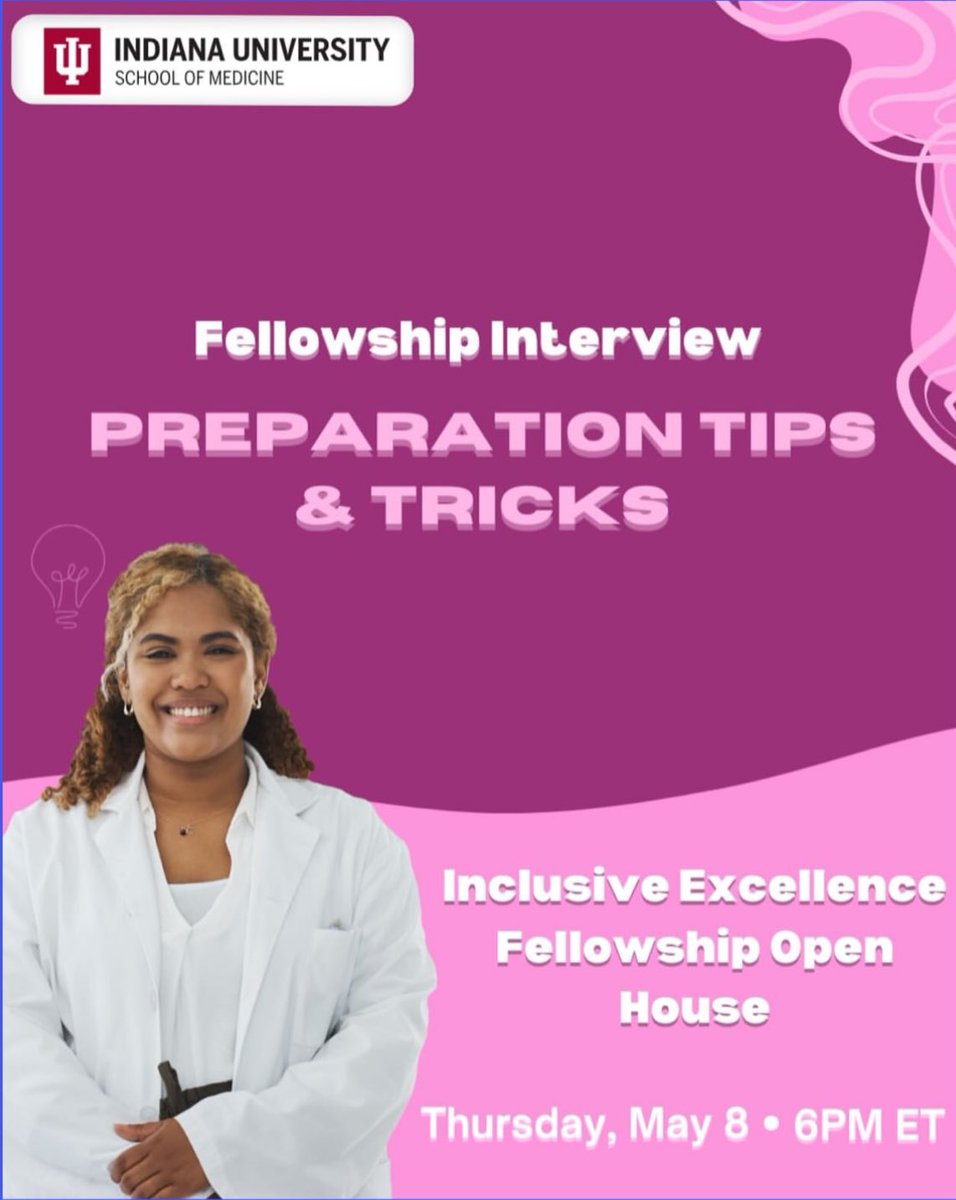 LARF (@iu_larf) on Twitter photo Thinking of applying to fellowship?
Join <a href="/IUMedSchool/">IU School of Medicine</a> for the Inclusive Excellence Fellowship Open House!
Learn how to thrive at IU and get top interview prep tips.
Thursday, May 8 • 6PM ET
Let’s talk community, mentorship, and success!
#MedTwitter #FellowshipMatch Thinking of applying to fellowship?
Join <a href="/IUMedSchool/">IU School of Medicine</a> for the Inclusive Excellence Fellowship Open House!
Learn how to thrive at IU and get top interview prep tips.
Thursday, May 8 • 6PM ET
Let’s talk community, mentorship, and success!
#MedTwitter #FellowshipMatch