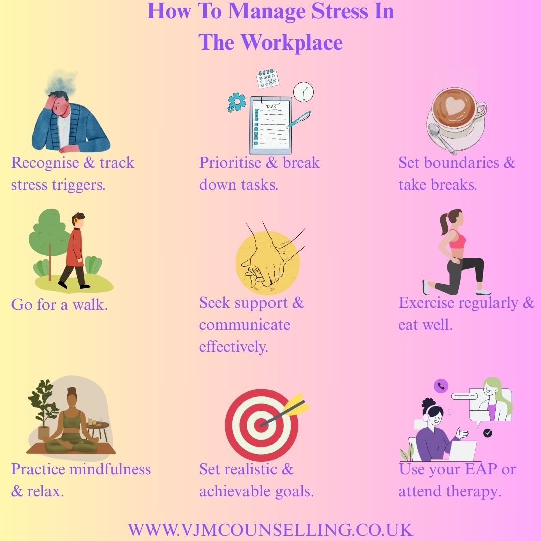 VJMCounselling's tweet photo. Are you suffering with workplace stress?
Here are some things that you can try to manage workplace stress. ⬇
#stressmanagement #stress #StressAwarenessMonth #stresslesslivemore #workplacestress #mentalhealth #mentalhealthmatters #mentalhealthsupport #ItsOkayNotToBeOkay https://t.co/zMvbVZP9yn