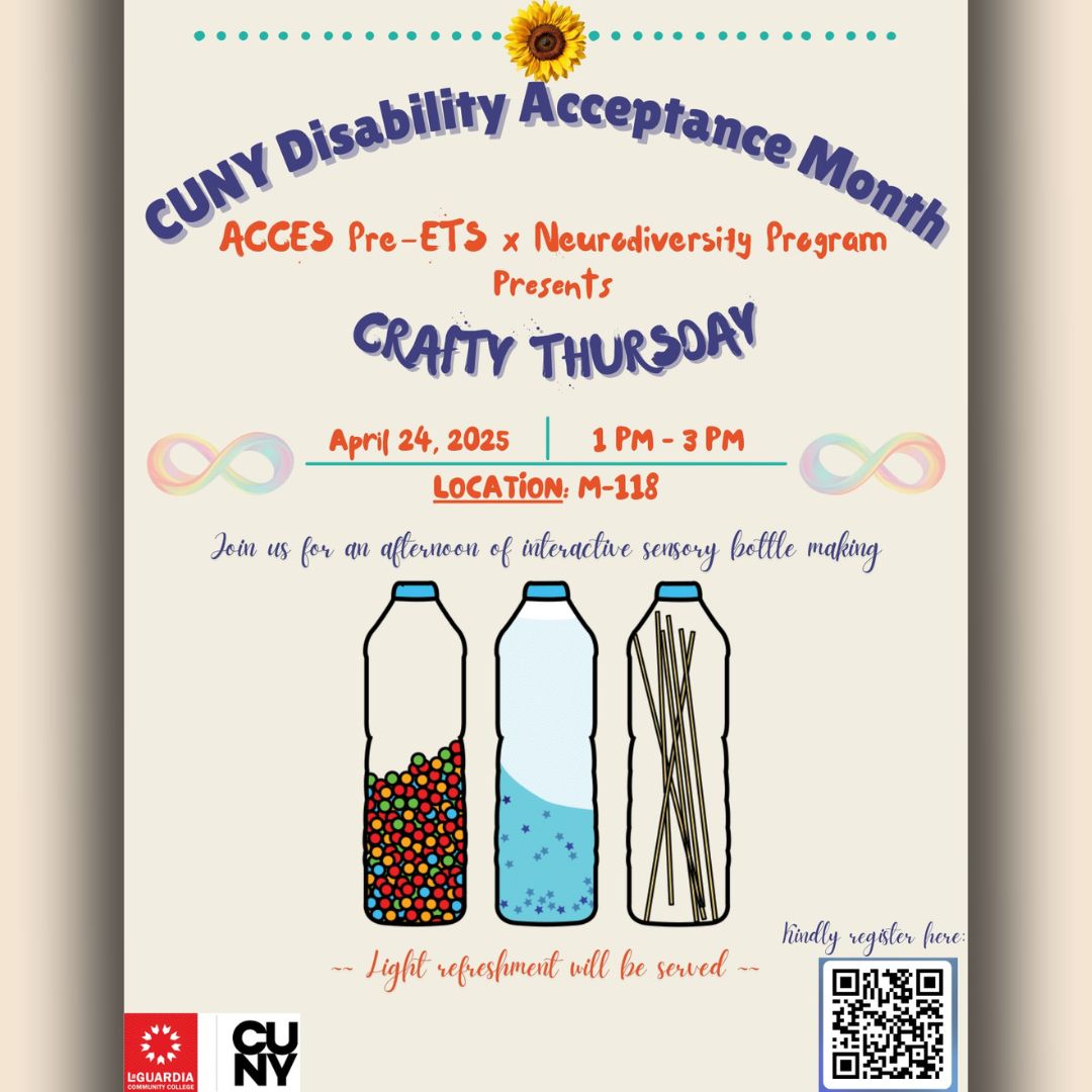 LaGuardiaCareer's tweet photo. 🎨✨ CUNY Disability Acceptance Month ✨🎨
ACCESS-PR/ETS x Neurodiversity Program presents:
🧠💡 Crafty Thursday
🗓️ April 24, 2025
🕐 1:00 PM – 3:00 PM
📍 Room M-118
✨ Light refreshments will be served!
#DisabilityAcceptance #Neurodiversity #CUNYLife #CraftyThursday https://t.co/v7zfvwZEQZ