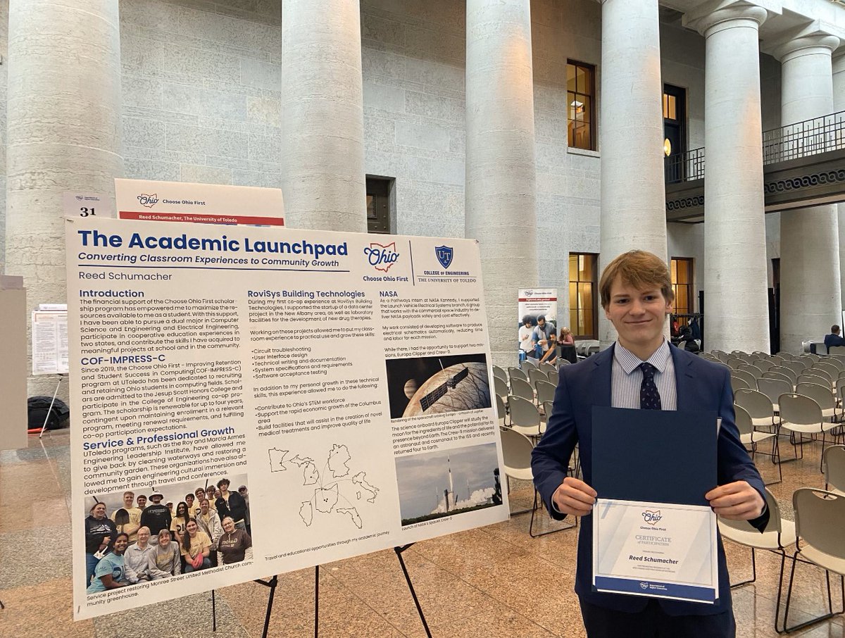 📍 Ohio Statehouse
🎓 COF Scholar. NASA co-op. Student leader.
UToledo’s own Reed Schumacher showcased his STEM journey at the Choose Ohio First Scholar Showcase, presenting to state lawmakers and higher ed leaders. 🚀
#UToledoProud #ThePowerToDo #STEMeducation #ChooseOhioFirst