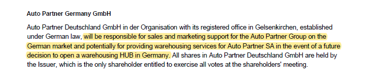 Strongest signal yet that Auto Partner plans to open a new warehouse in Western Europe, specifically Germany. Formation of German entity + commentary is a new development
From page 6 of FY24 annual report filed earlier today