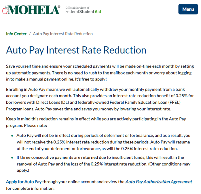 Got federal loans? This #FinancialLiteracyMonth, get an interest rate reduction benefit of 0.25% by setting up Auto Pay. It's quick and easy!
What are you waiting for? Learn more about Auto Pay for your federal loans serviced by MOHELA:
mohela.studentaid.gov/DL/resourceCen…
#FinancialLiteracy