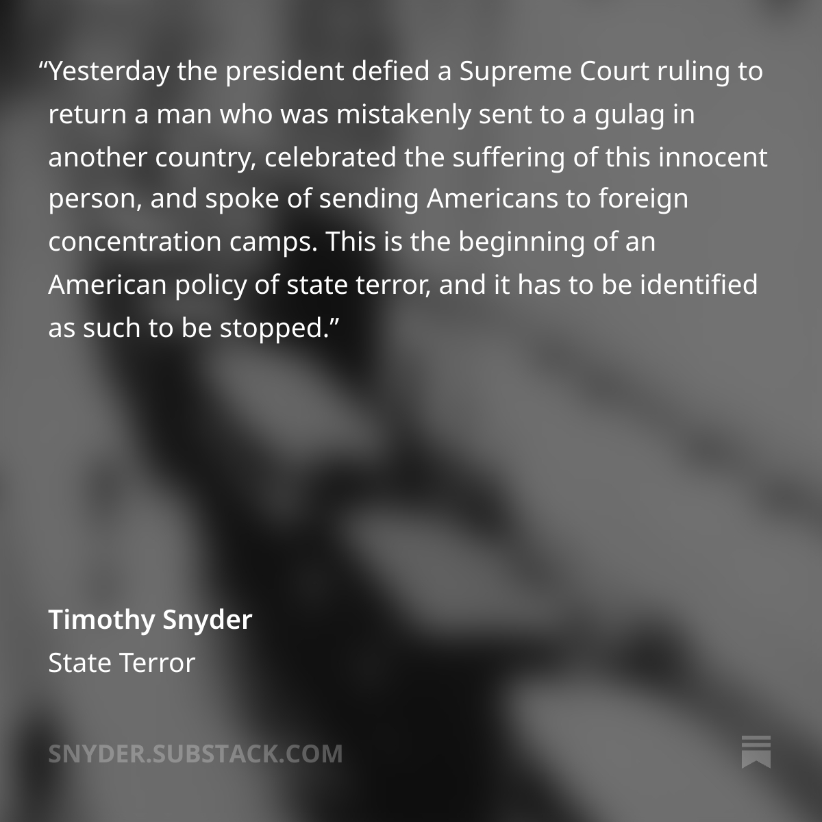 "This is the beginning of an American policy of state terror, and it has to be identified as such to be stopped."
From my essay: "State Terror: A brief guide for Americans"
via link in image below or profile